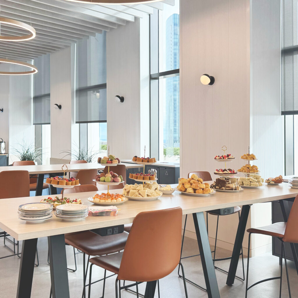 Elegant afternoon tea catering in a modern office setting